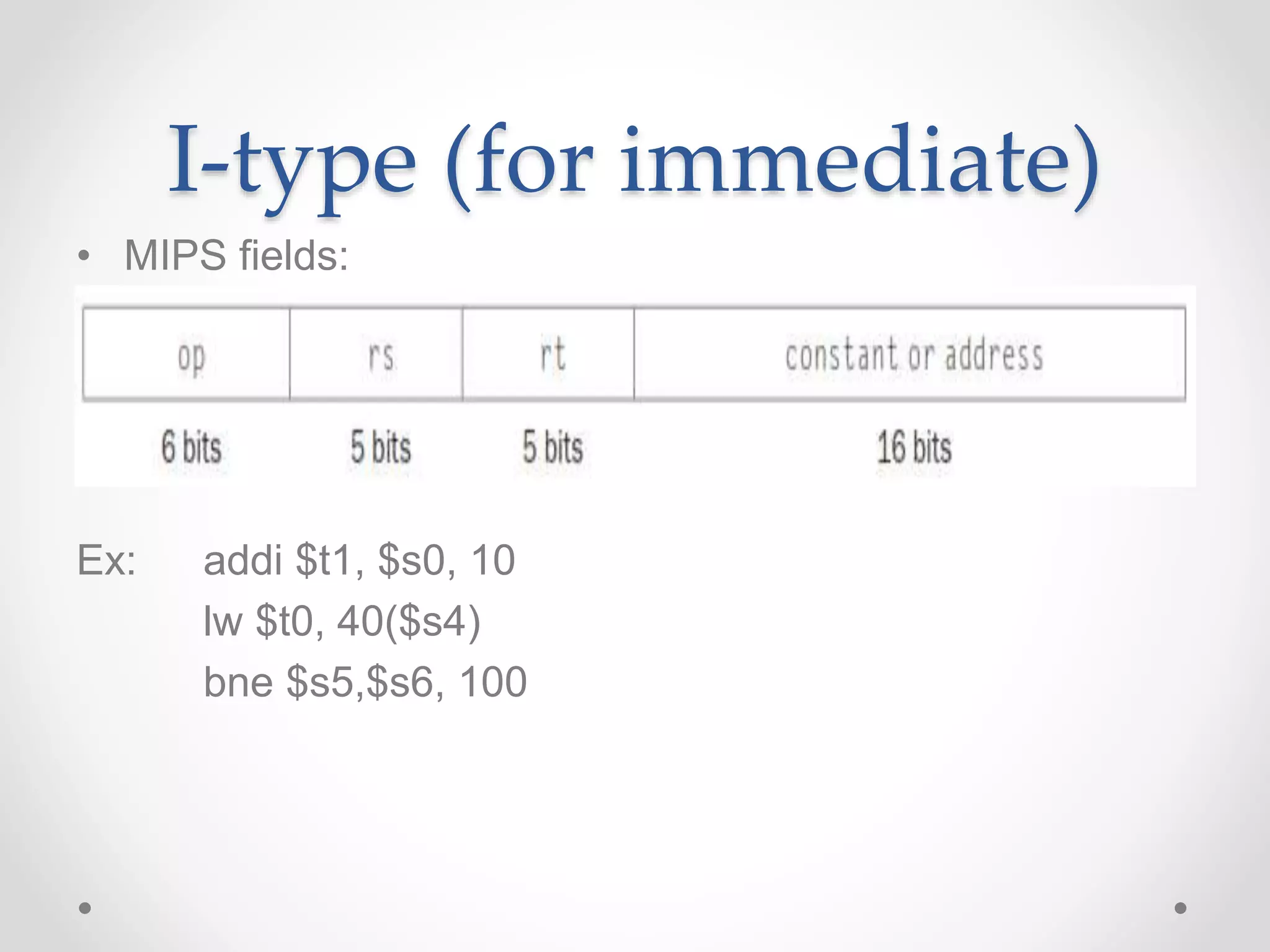 I-type (for immediate)
• MIPS fields:
Ex: addi $t1, $s0, 10
lw $t0, 40($s4)
bne $s5,$s6, 100
 