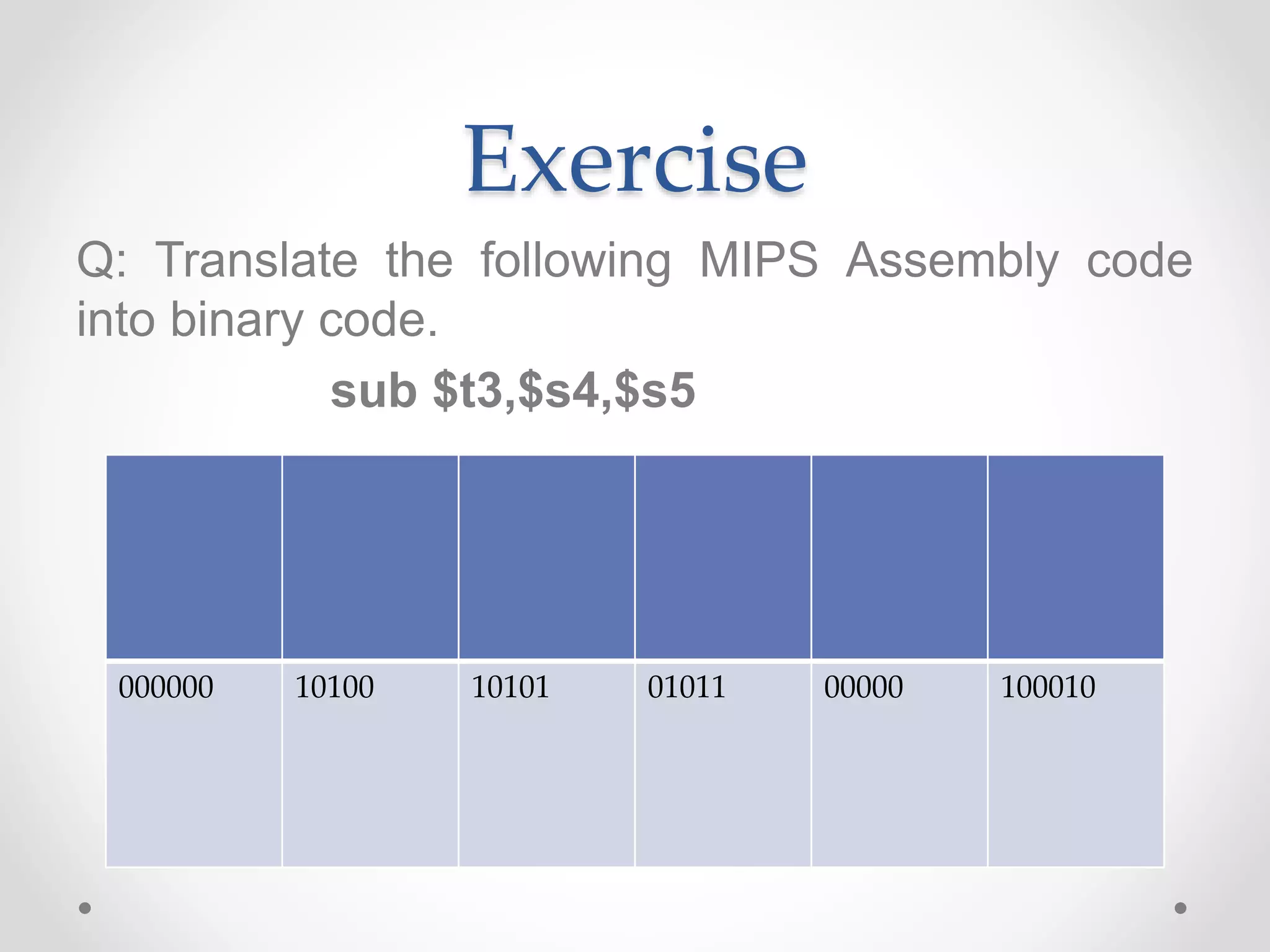 Exercise
Q: Translate the following MIPS Assembly code
into binary code.
sub $t3,$s4,$s5
000000 10100 10101 01011 00000 100010
 