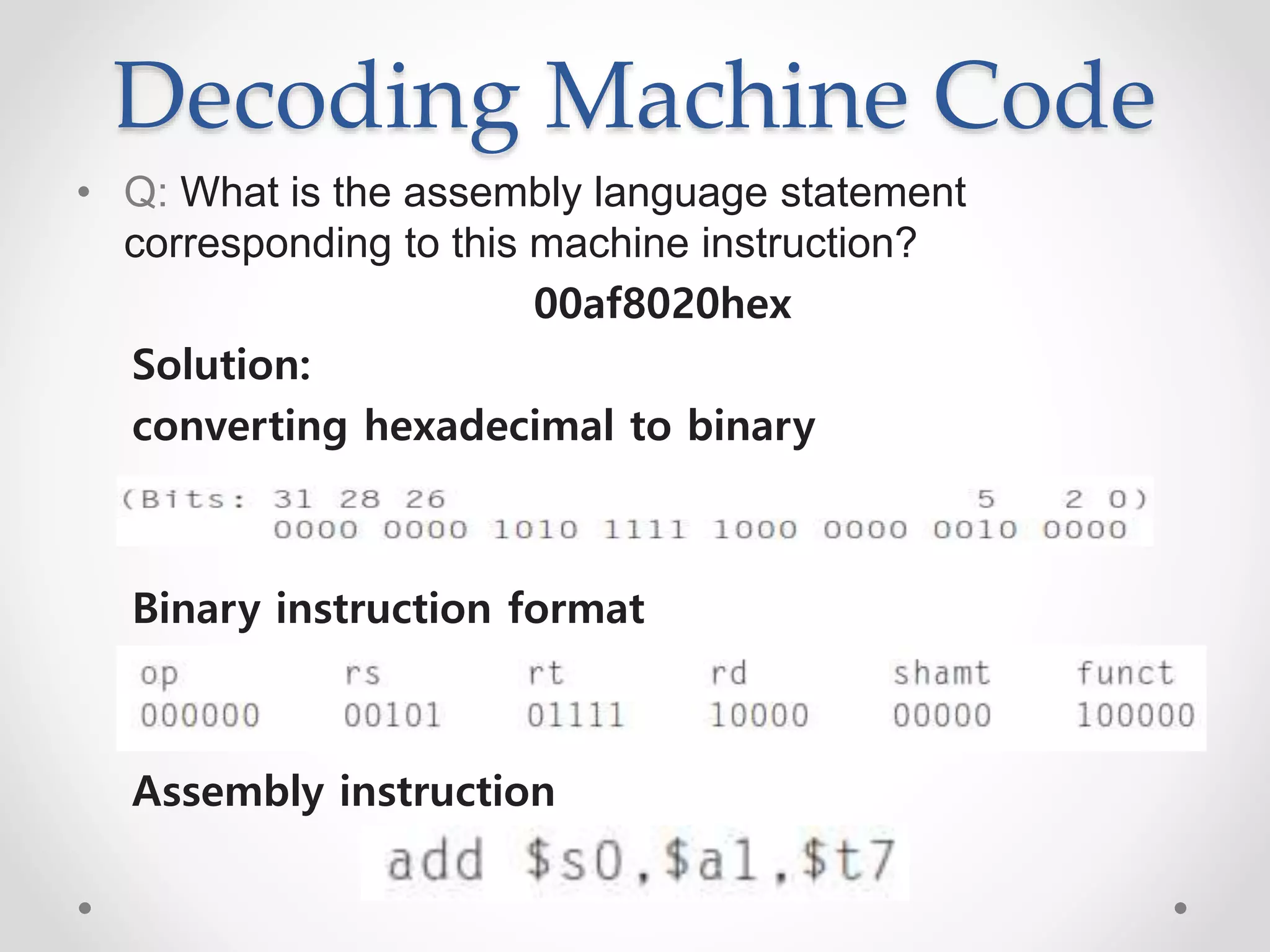 Decoding Machine Code
• Q: What is the assembly language statement
corresponding to this machine instruction?
00af8020hex
Solution:
converting hexadecimal to binary
Binary instruction format
Assembly instruction
 