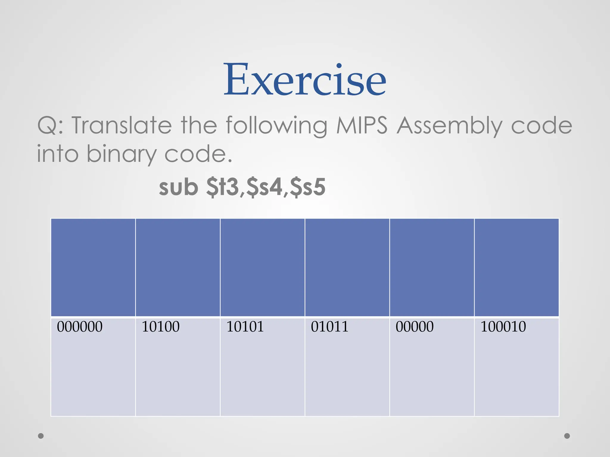 Exercise
Q: Translate the following MIPS Assembly code
into binary code.
sub $t3,$s4,$s5
000000 10100 10101 01011 00000 100010
 