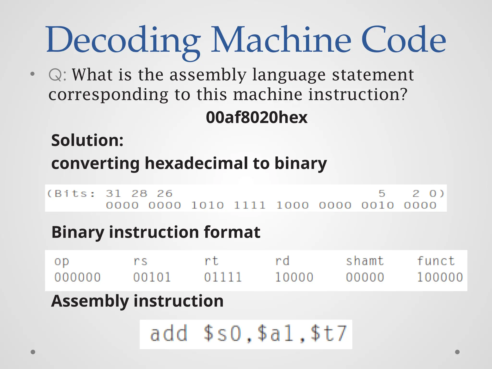Decoding Machine Code
• Q: What is the assembly language statement
corresponding to this machine instruction?
00af8020hex
Solution:
converting hexadecimal to binary
Binary instruction format
Assembly instruction
 