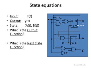 Sequential Circuits
State equations
• Input: x(t)
• Output: y(t)
• State: (A(t), B(t))
• What is the Output
Function?
• What is the Next State
Function?
A
C
D Q
Q
C
D Q
Q
y
x A
B
CP
 