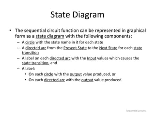 Sequential Circuits
State Diagram
• The sequential circuit function can be represented in graphical
form as a state diagram with the following components:
– A circle with the state name in it for each state
– A directed arc from the Present State to the Next State for each state
transition
– A label on each directed arc with the Input values which causes the
state transition, and
– A label:
• On each circle with the output value produced, or
• On each directed arc with the output value produced.
 