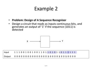 Example 2
• Problem: Design of A Sequence Recognizer
• Design a circuit that reads as inputs continuous bits, and
generates an output of ‘1’ if the sequence (1011) is
detected
Input 1 1 1 0 0 1 0 0 1 0 0 1 1 0 1 1 0 1 0 1 1 0 1 1 1 1 1 1
Output 0 0 0 0 0 0 0 0 0 0 0 0 0 0 0 1 0 0 0 0 1 0 0 1 0 0 0 0
GPP
X Y
 
