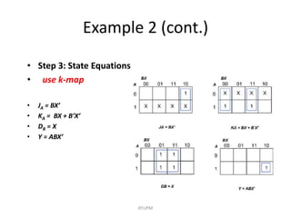 Example 2 (cont.)
KFUPM
• Step 3: State Equations
• use k-map
• JA = BX’
• KA = BX + B’X’
• DB = X
• Y = ABX’
 