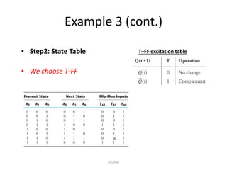 Example 3 (cont.)
KFUPM
• Step2: State Table
• We choose T-FF
T–FF excitation table
0
 