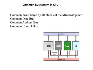 Common Bus system in CPU:
Common bus: Shared by all blocks of the Microcomputer
Common Data Bus
Common Address Bus
Common Control Bus
 