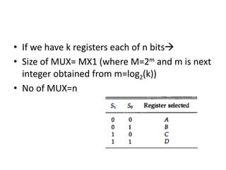 • If we have k registers each of n bits
• Size of MUX= MX1 (where M=2m and m is next
integer obtained from m=log2(k))
• No of MUX=n
 