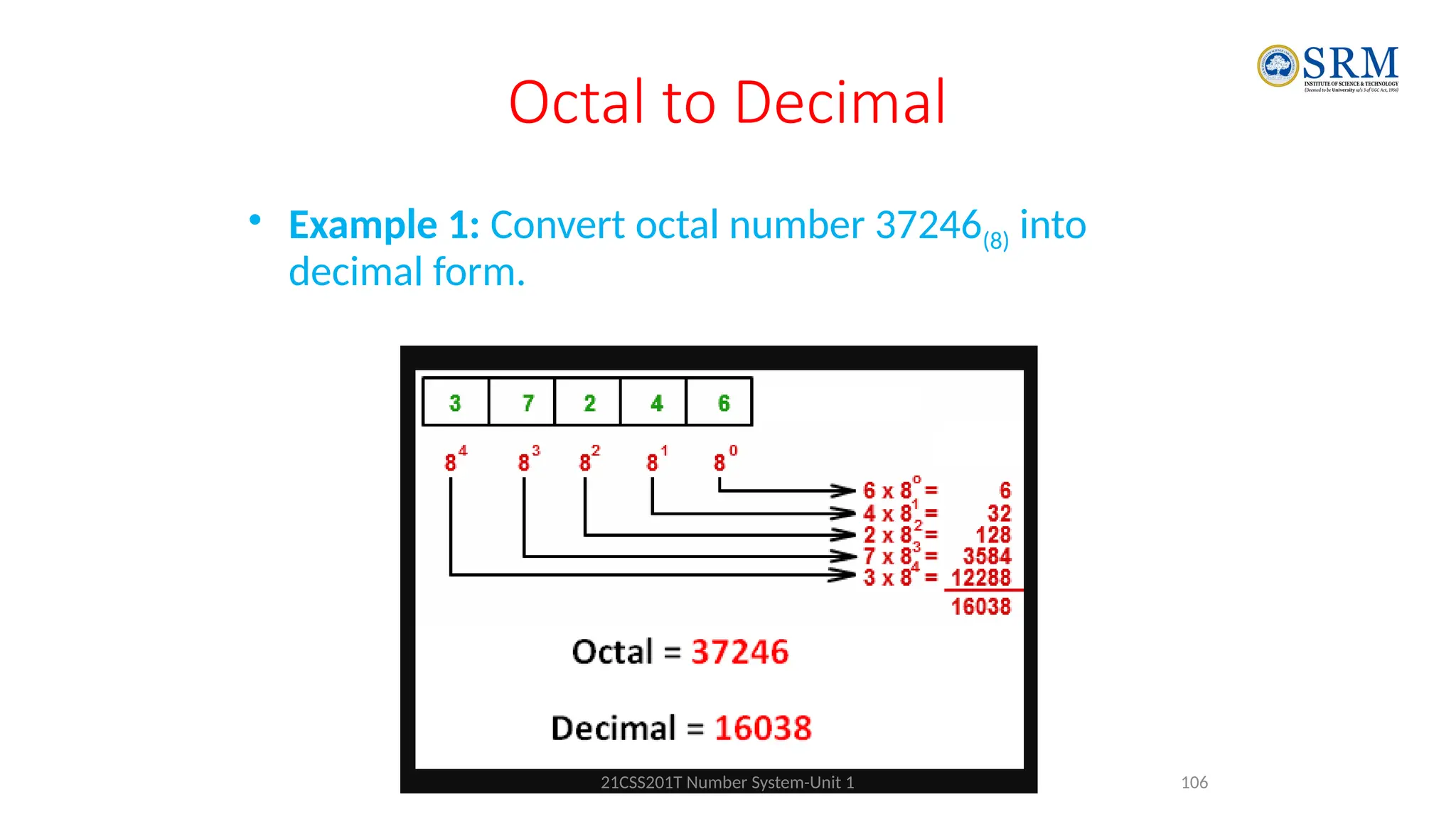 Octal to Decimal
• Example 1: Convert octal number 37246(8) into
decimal form.
106
21CSS201T Number System-Unit 1
 