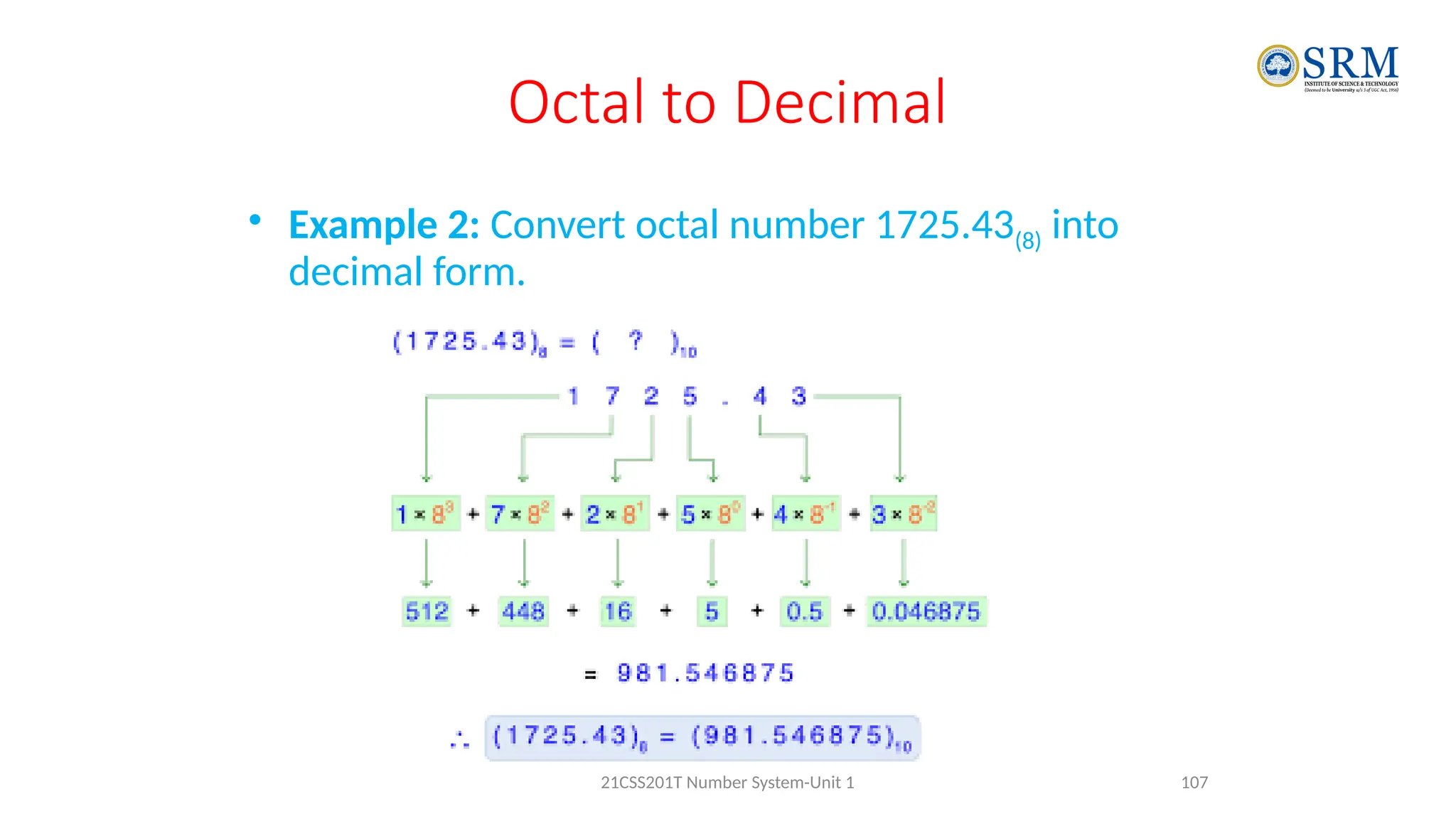 Octal to Decimal
• Example 2: Convert octal number 1725.43(8) into
decimal form.
107
21CSS201T Number System-Unit 1
 