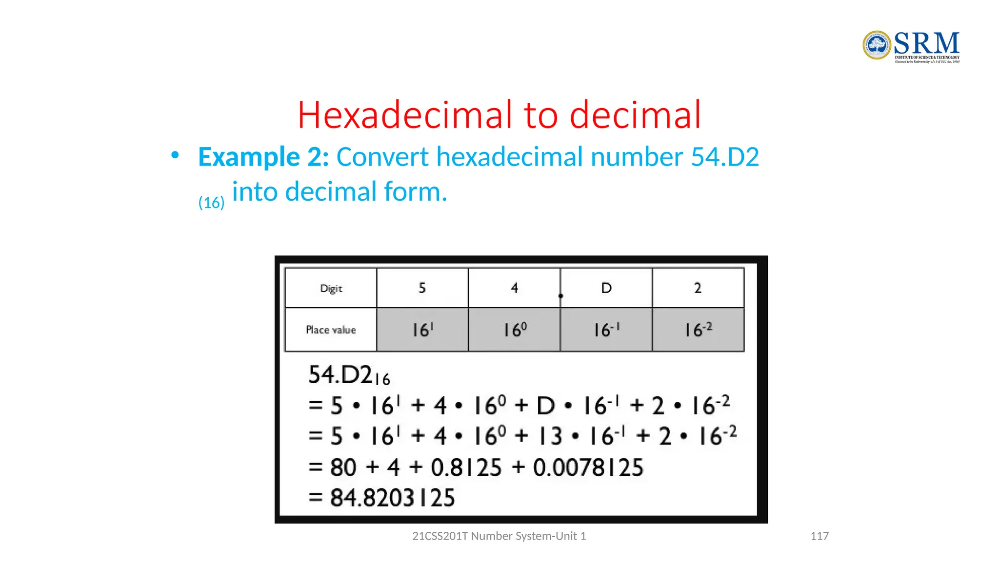 Hexadecimal to decimal
• Example 2: Convert hexadecimal number 54.D2
(16) into decimal form.
117
21CSS201T Number System-Unit 1
 
