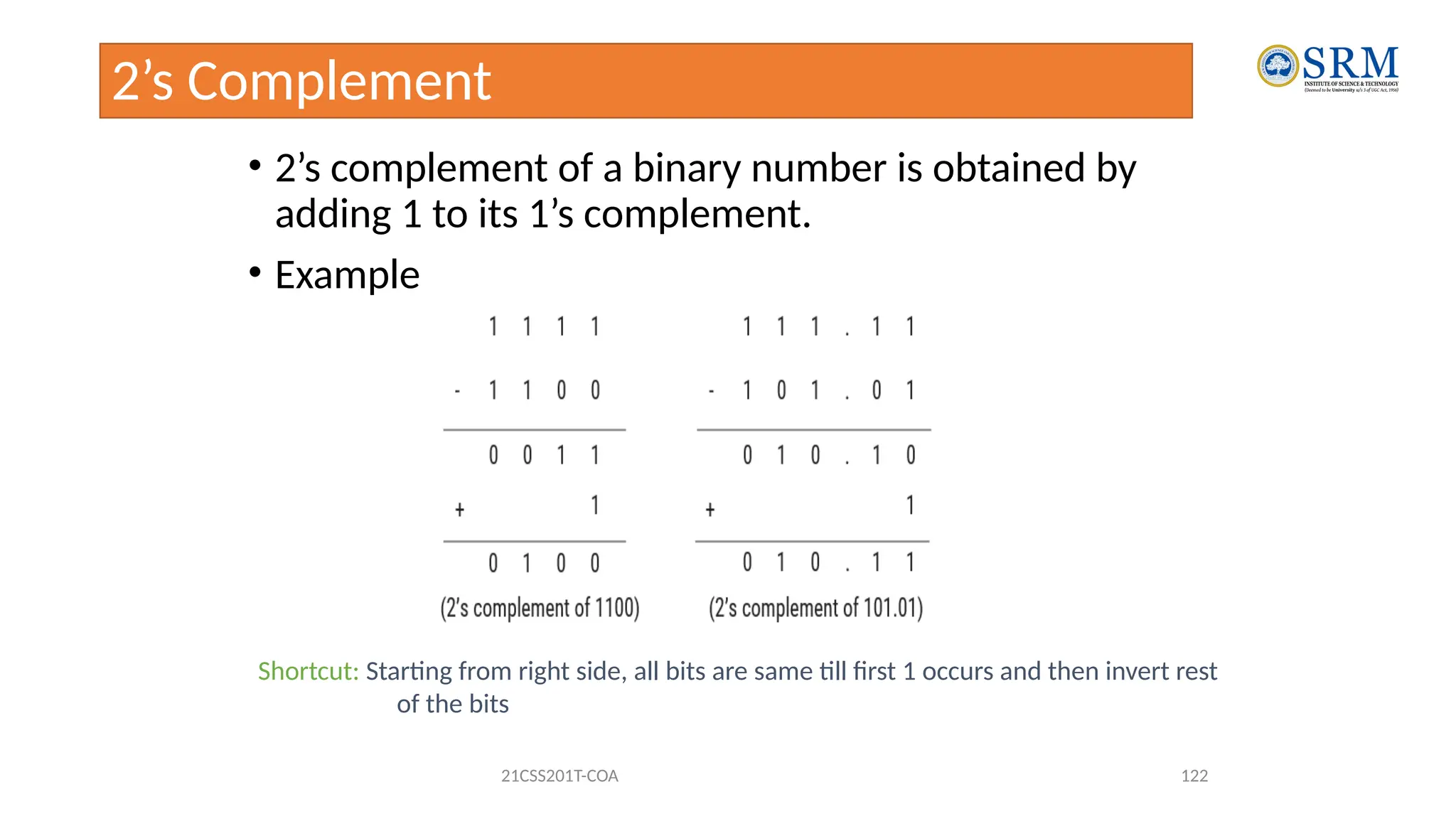 2’s Complement
• 2’s complement of a binary number is obtained by
adding 1 to its 1’s complement.
• Example
21CSS201T-COA 122
Shortcut: Starting from right side, all bits are same till first 1 occurs and then invert rest
of the bits
 