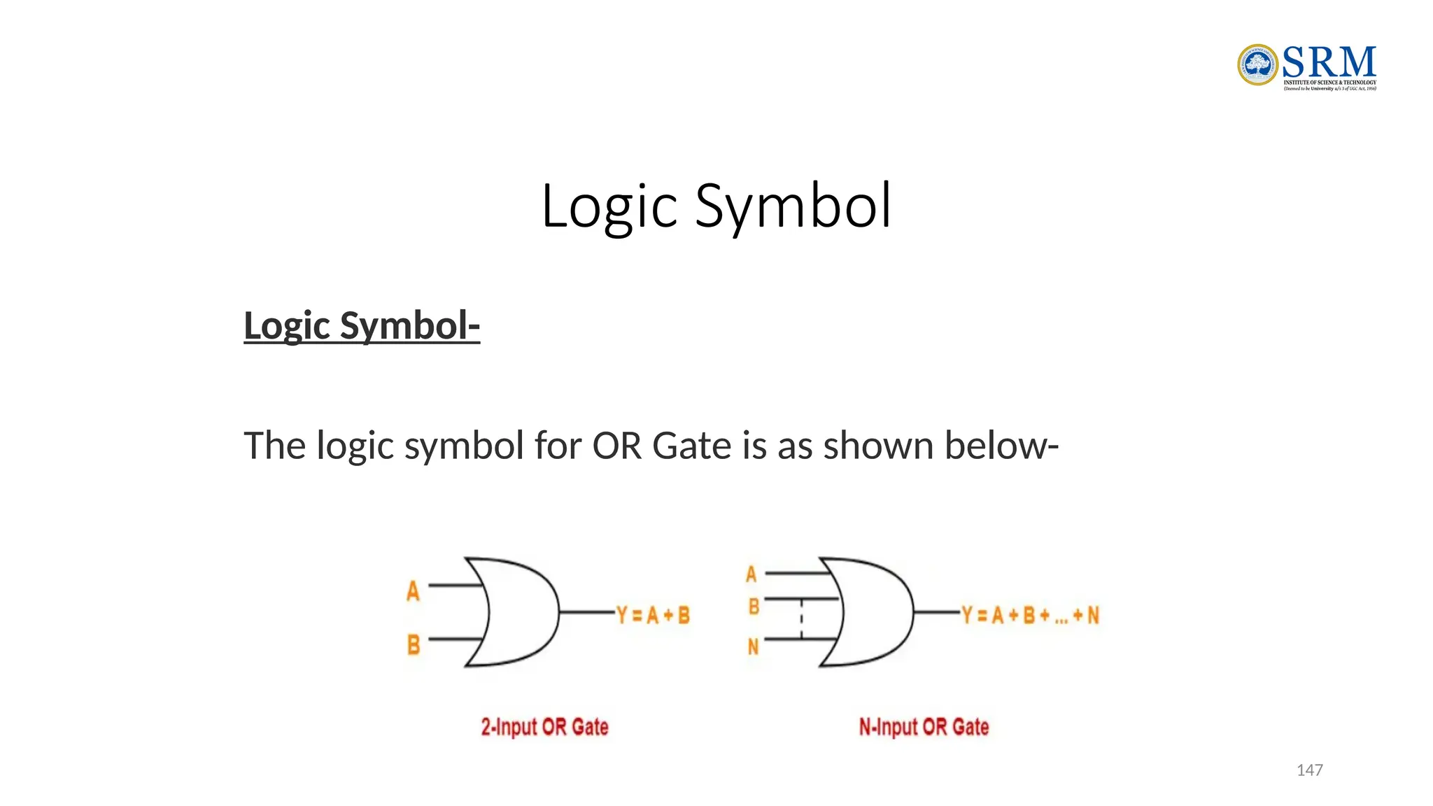 147
Logic Symbol
Logic Symbol-
The logic symbol for OR Gate is as shown below-
 