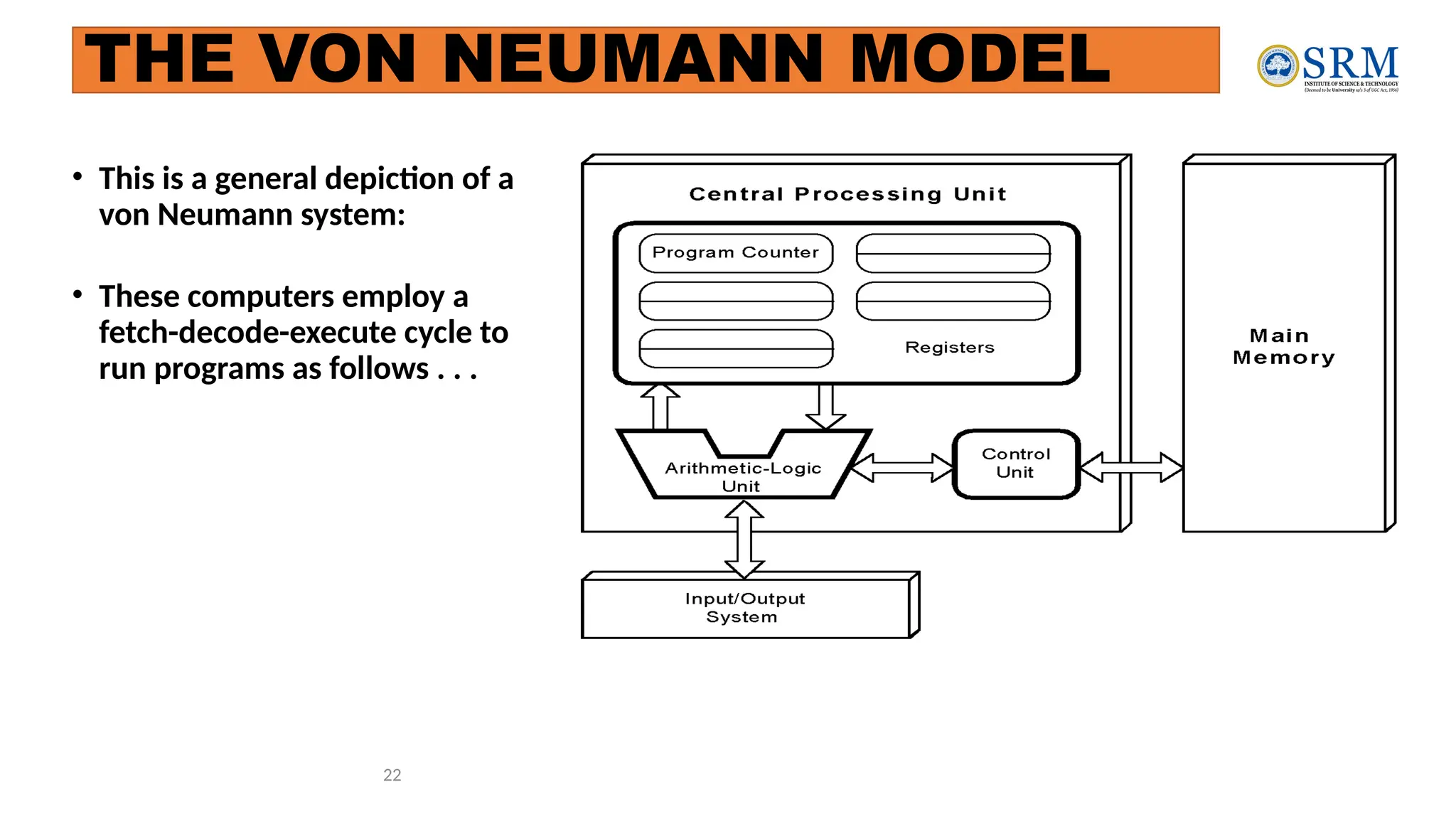22
• This is a general depiction of a
von Neumann system:
• These computers employ a
fetch-decode-execute cycle to
run programs as follows . . .
THE VON NEUMANN MODEL
 