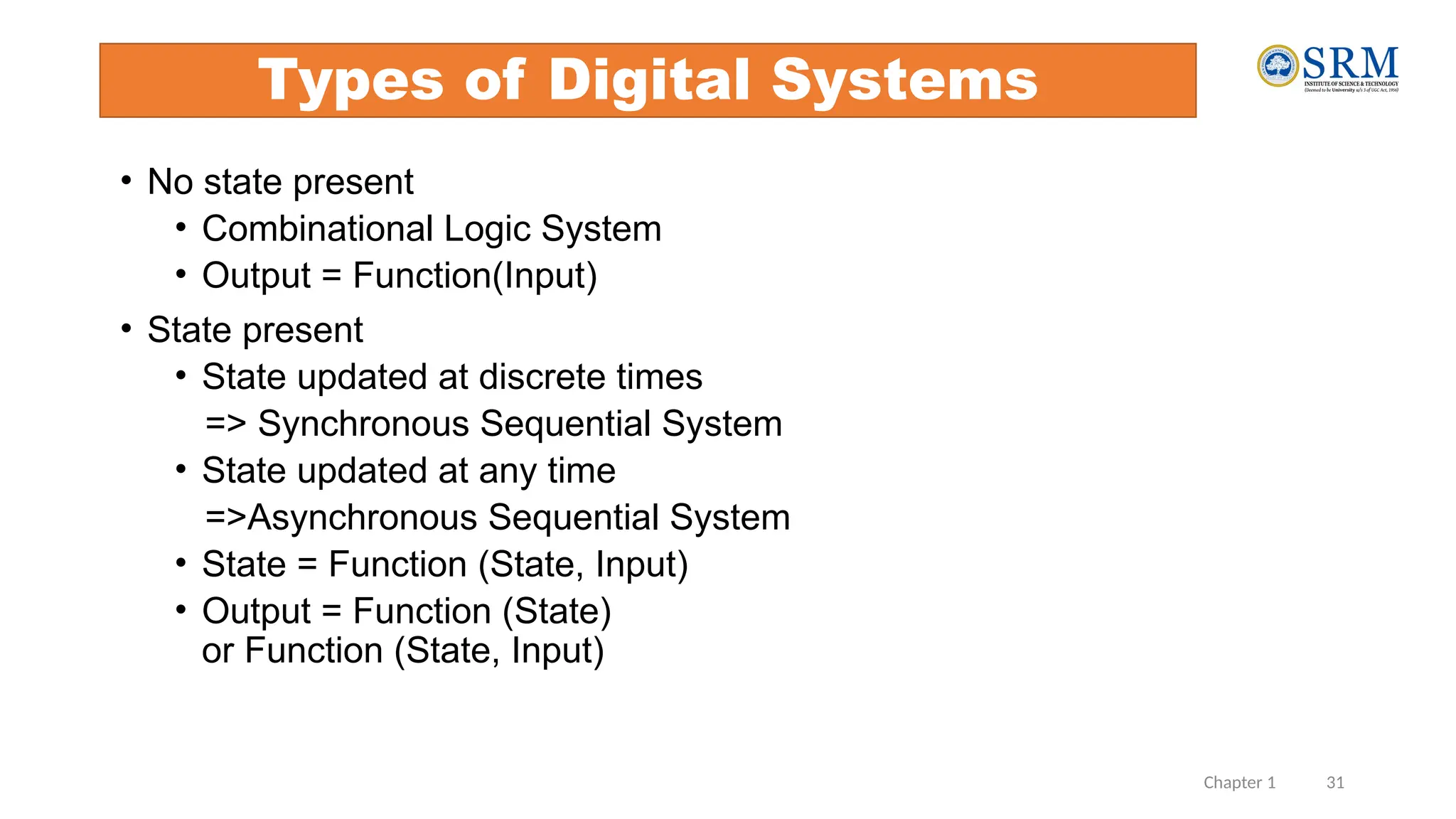 Chapter 1 31
Types of Digital Systems
• No state present
• Combinational Logic System
• Output = Function(Input)
• State present
• State updated at discrete times
=> Synchronous Sequential System
• State updated at any time
=>Asynchronous Sequential System
• State = Function (State, Input)
• Output = Function (State)
or Function (State, Input)
 