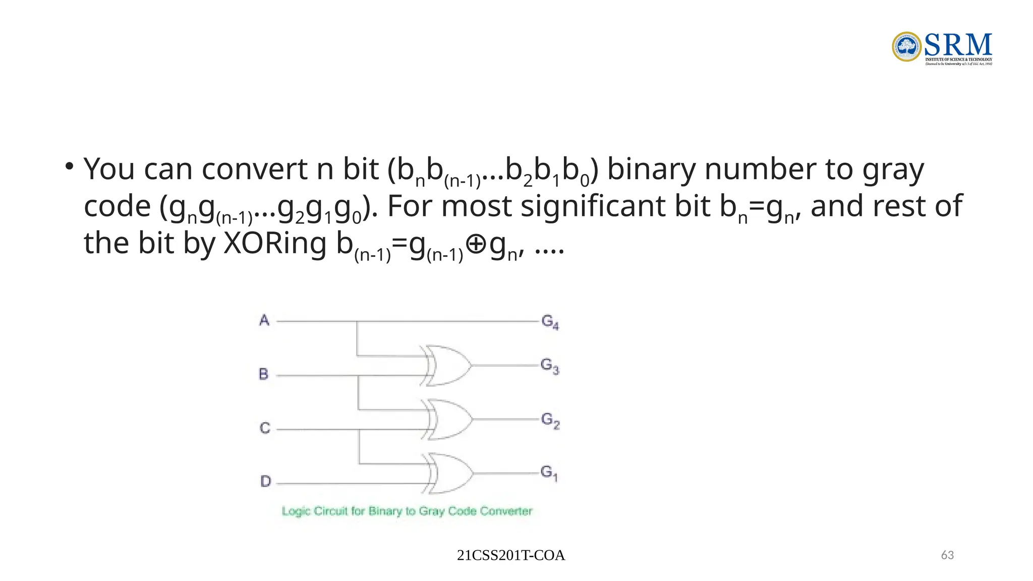 21CSS201T-COA 63
• You can convert n bit (bnb(n-1)…b2b1b0) binary number to gray
code (gng(n-1)…g2g1g0). For most significant bit bn=gn, and rest of
the bit by XORing b(n-1)=g(n-1) g
⊕ n, ….
 