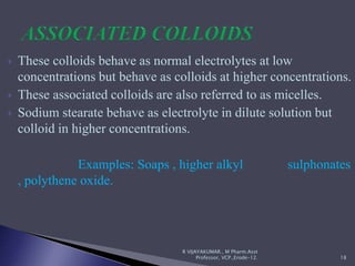  These colloids behave as normal electrolytes at low
concentrations but behave as colloids at higher concentrations.
 These associated colloids are also referred to as micelles.
 Sodium stearate behave as electrolyte in dilute solution but
colloid in higher concentrations.
Examples: Soaps , higher alkyl sulphonates
, polythene oxide.
18
R VIJAYAKUMAR., M Pharm.Asst
Professor, VCP.,Erode-12.
 
