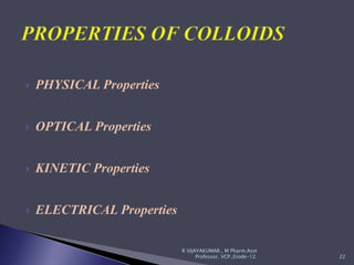  PHYSICAL Properties
 OPTICAL Properties
 KINETIC Properties
 ELECTRICAL Properties
22
R VIJAYAKUMAR., M Pharm.Asst
Professor, VCP.,Erode-12.
 