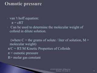  van 't hoff equation:
π = cRT
 Can be used to determine the molecular weight of
colloid in dilute solution.
(where C = the grams of solute / liter of solution, M =
molecular weight)
π/C = RT/M Kinetic Properties of Colloids
π = osmotic pressure
R= molar gas constant
R VIJAYAKUMAR., M Pharm.Asst
Professor, VCP.,Erode-12. 33
 