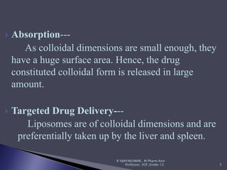  Absorption---
As colloidal dimensions are small enough, they
have a huge surface area. Hence, the drug
constituted colloidal form is released in large
amount.
 Targeted Drug Delivery---
Liposomes are of colloidal dimensions and are
preferentially taken up by the liver and spleen.
5
R VIJAYAKUMAR., M Pharm.Asst
Professor, VCP.,Erode-12.
 