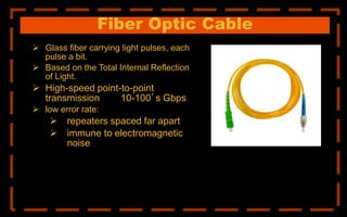 Fiber Optic Cable
 Glass fiber carrying light pulses, each
pulse a bit.
 Based on the Total Internal Reflection
of Light.
 High-speed point-to-point
transmission 10-100’s Gbps
 low error rate:
 repeaters spaced far apart
 immune to electromagnetic
noise
 