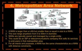 4. Metropolitan Area Network
1. A MAN is larger than a LAN but smaller than or equal in size to a WAN.
2. The size range anywhere from 5 to 50km in diameter.
3. MANs are typically owned and managed by a single entity.
4. This could be an ISP or telecommunications company that sells its services
to end-users in that metropolitan area.
5. For all intents and purposes, a MAN has the same characteristics as a WAN
with distance constraints.
 