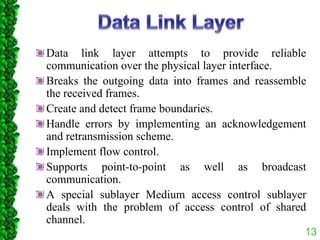 Data link layer attempts to provide reliable
communication over the physical layer interface.
Breaks the outgoing data into frames and reassemble
the received frames.
Create and detect frame boundaries.
Handle errors by implementing an acknowledgement
and retransmission scheme.
Implement flow control.
Supports point-to-point as well as broadcast
communication.
A special sublayer Medium access control sublayer
deals with the problem of access control of shared
channel.
13
 