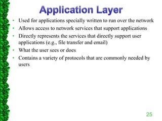 • Used for applications specially written to run over the network
• Allows access to network services that support applications
• Directly represents the services that directly support user
applications (e.g., file transfer and email)
• What the user sees or does
• Contains a variety of protocols that are commonly needed by
users
25
 