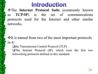 35
The Internet Protocol Suite (commonly known
as TCP/IP) is the set of communications
protocols used for the Internet and other similar
networks.
It is named from two of the most important protocols
in it:
the Transmission Control Protocol (TCP)
The Internet Protocol (IP), which were the first two
networking protocols defined in this standard.
 