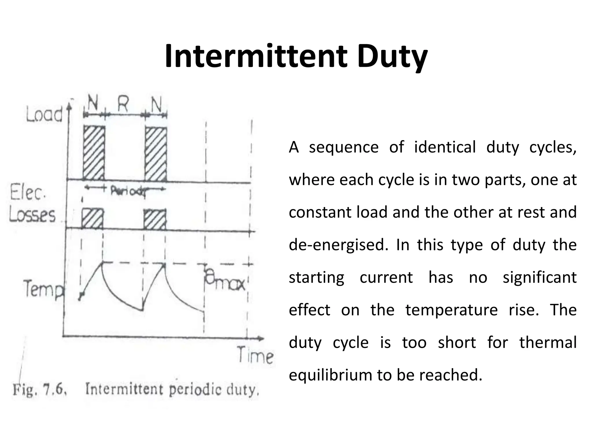 Intermittent Duty
A sequence of identical duty cycles,
where each cycle is in two parts, one at
constant load and the other at rest and
de-energised. In this type of duty the
starting current has no significant
effect on the temperature rise. The
duty cycle is too short for thermal
equilibrium to be reached.
 