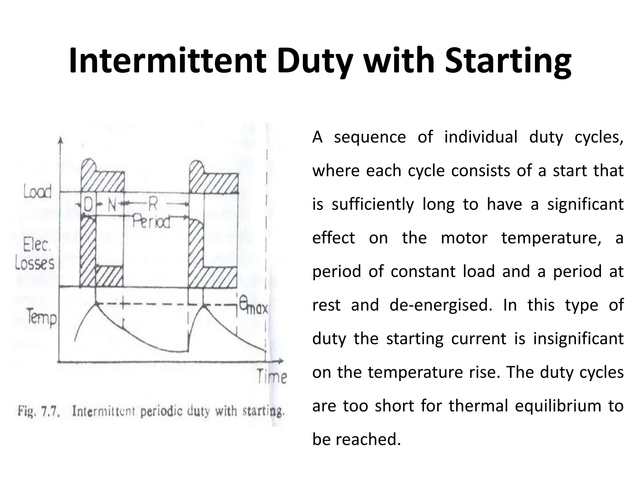 Intermittent Duty with Starting
A sequence of individual duty cycles,
where each cycle consists of a start that
is sufficiently long to have a significant
effect on the motor temperature, a
period of constant load and a period at
rest and de-energised. In this type of
duty the starting current is insignificant
on the temperature rise. The duty cycles
are too short for thermal equilibrium to
be reached.
 