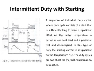 Intermittent Duty with Starting
A sequence of individual duty cycles,
where each cycle consists of a start that
is sufficiently long to have a significant
effect on the motor temperature, a
period of constant load and a period at
rest and de-energised. In this type of
duty the starting current is insignificant
on the temperature rise. The duty cycles
are too short for thermal equilibrium to
be reached.
 