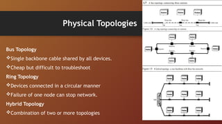 Physical Topologies
Bus Topology
Single backbone cable shared by all devices.
Cheap but difficult to troubleshoot
Ring Topology
Devices connected in a circular manner
Failure of one node can stop network.
Hybrid Topology
Combination of two or more topologies
 