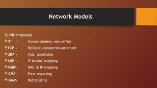 Network Models
TCP/IP Protocols
IP - Connectionless, nest-effort
TCP - Reliable, connection-oriented
UDP - Fast, unreliable
ARP - IP to MAC mapping
RARP- MAC to IP mapping
ICMP- Error reporting
IGMP- Multicasting
 