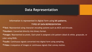 Data Representation
Information is represented in digital form using bit patterns.
TYPES OF DATA REPRESENTATION
Text: Represented using character encoding systems such as ASCII and Unicode.
Numbers: Converted directly into binary format.
Images: Represented as pixels. Each pixel is assigned a bit pattern (black & white, grayscale, or
color using RGB).
Audio: Continuous signals converted into digital form using sampling.
Video: A sequence of images or continuous signals that convey motion.
 