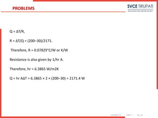 COURSE: HT UNIT: 1 Pg. (#)
Q = ∆T/R,
R = ∆T/Q = (200–30)/2171.
Therefore, R = 0.07829°C/W or K/W
Resistance is also given by 1/hr A.
Therefore, hr = 6.3865 W/m2K
Q = hr A∆T = 6.3865 × 2 × (200–30) = 2171.4 W
PROBLEMS
 