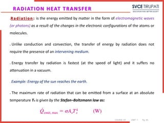 COURSE: HT UNIT: 1 Pg. (#)
R a d i a t i o n : is the energy emitted by matter in the form of electromagnetic waves
(or photons) as a result of the changes in the electronic configurations of the atoms or
molecules.
 Unlike conduction and convection, the transfer of energy by radiation does not
require the presence of an intervening medium.
 Energy transfer by radiation is fastest (at the speed of light) and it suffers no
attenuation in a vacuum.
o Example: Energy of the sun reaches the earth.
 The maximum rate of radiation that can be emitted from a surface at an absolute
temperature Ts is given by the Stefan–Boltzmann law as:
RADIATION HEAT TRANSFER
 
