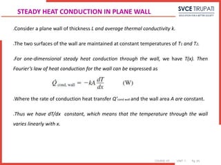 COURSE: HT UNIT: 1 Pg. (#)
Consider a plane wall of thickness L and average thermal conductivity k.
The two surfaces of the wall are maintained at constant temperatures of T1 and T2.
For one-dimensional steady heat conduction through the wall, we have T(x). Then
Fourier’s law of heat conduction for the wall can be expressed as
Where the rate of conduction heat transfer Q’cond wall and the wall area A are constant.
Thus we have dT/dx constant, which means that the temperature through the wall
varies linearly with x.
STEADY HEAT CONDUCTION IN PLANE WALL
 