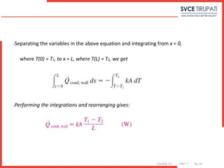 COURSE: HT UNIT: 1 Pg. (#)
Separating the variables in the above equation and integrating from x = 0,
where T(0) = T1, to x = L, where T(L) = T2, we get
Performing the integrations and rearranging gives:
 