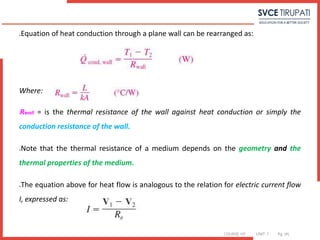 COURSE: HT UNIT: 1 Pg. (#)
Equation of heat conduction through a plane wall can be rearranged as:
Where:
Rwall = is the thermal resistance of the wall against heat conduction or simply the
conduction resistance of the wall.
Note that the thermal resistance of a medium depends on the geometry and the
thermal properties of the medium.
The equation above for heat flow is analogous to the relation for electric current flow
I, expressed as:
 