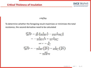 COURSE: HT UNIT: 1 Pg. (#)
r=k/ho
To determine whether the foregoing result maximizes or minimizes the total
resistance, the second derivative need to be calculated
Critical Thickness of Insulation
 