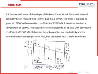 COURSE: HT UNIT: 1 Pg. (#)
2.A furnace wall made of three layer of thickness 25cm,10cm& 15cm with thermal
conductivities of first and third layer of 1.65 & 9.2 W/mK. The inside is exposed to
gases at 12500C with convection co-efficient of 25W/m2K & inside surface is at a
temperature of 11000C. The outside surface is exposed to air at 250C with convection
co-efficient of 12W/m2K. Determine the unknown thermal conductivity and the
intermediate surface temperature. Also, find the overall heat transfer co-efficient
PROBLEMS
 