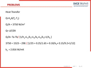 COURSE: HT UNIT: 1 Pg. (#)
Heat Transfer
Q=haA(Ta-T1)
Q/A = 3750 W/m2
Q= ΔT/ΣR
Q/A= Ta-Tb/ [1/ha+L1/k1+L2/k2+L3/k3+1/hb ]
3750 = 1523 – 298 / [1/25 + 0.25/1.65 + 0.10/k2+ 0.15/9.2+1/12]
k2 = 2.816 W/mK
PROBLEMS
 