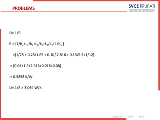 COURSE: HT UNIT: 1 Pg. (#)
U= 1/R
R = [1/ha+L1/k1+L2/k2+L3/k3+1/hb ]
=[1/25 + 0.25/1.65 + 0.10/ 2.816 + 0.15/9.2+1/12]
= [0.04+1.9+2.916+0.016+0.08]
= 0.3258 K/W
U= 1/R = 3.069 W/K
PROBLEMS
 
