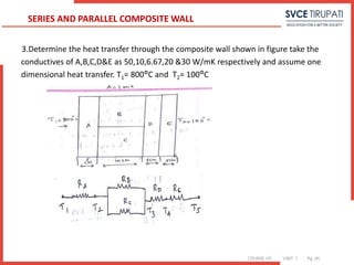 COURSE: HT UNIT: 1 Pg. (#)
3.Determine the heat transfer through the composite wall shown in figure take the
conductives of A,B,C,D&E as 50,10,6.67,20 &30 W/mK respectively and assume one
dimensional heat transfer. T1= 800°C and T2= 100°C
SERIES AND PARALLEL COMPOSITE WALL
 