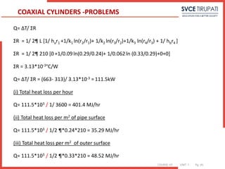 COURSE: HT UNIT: 1 Pg. (#)
Q= ΔT/ ΣR
ΣR = 1/ 2¶ L [1/ har1 +1/k1 ln(r2/r1)+ 1/k2 ln(r3/r2)+1/k3 ln(r4/r3) + 1/ hbr4 ]
ΣR = 1/ 2¶ 210 [0 +1/0.09 ln(0.29/0.24)+ 1/0.062 ln (0.33/0.29)+0+0]
ΣR = 3.13*10-3°C/W
Q= ΔT/ ΣR = (663- 313)/ 3.13*10-3 =111.5kW
(i) Total heat loss per hour
Q= 111.5*103 / 1/ 3600 = 401.4 MJ/hr
(ii) Total heat loss per m2 of pipe surface
Q= 111.5*103 / 1/2 ¶*0.24*210 = 35.29 MJ/hr
(iii) Total heat loss per m2 of outer surface
Q= 111.5*103 / 1/2 ¶*0.33*210 = 48.52 MJ/hr
COAXIAL CYLINDERS -PROBLEMS
 