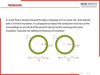 COURSE: HT UNIT: 1 Pg. (#)
9..A hot fluid is being conveyed through a long pipe of 4 cm outer dia. And covered
with 2 cm thick insulation. It is proposed to reduce the conduction heat loss to the
surroundings to one-third of the present rate by further covering with some
insulation. Calculate the additional thickness of insulation
PROBLEMS
 