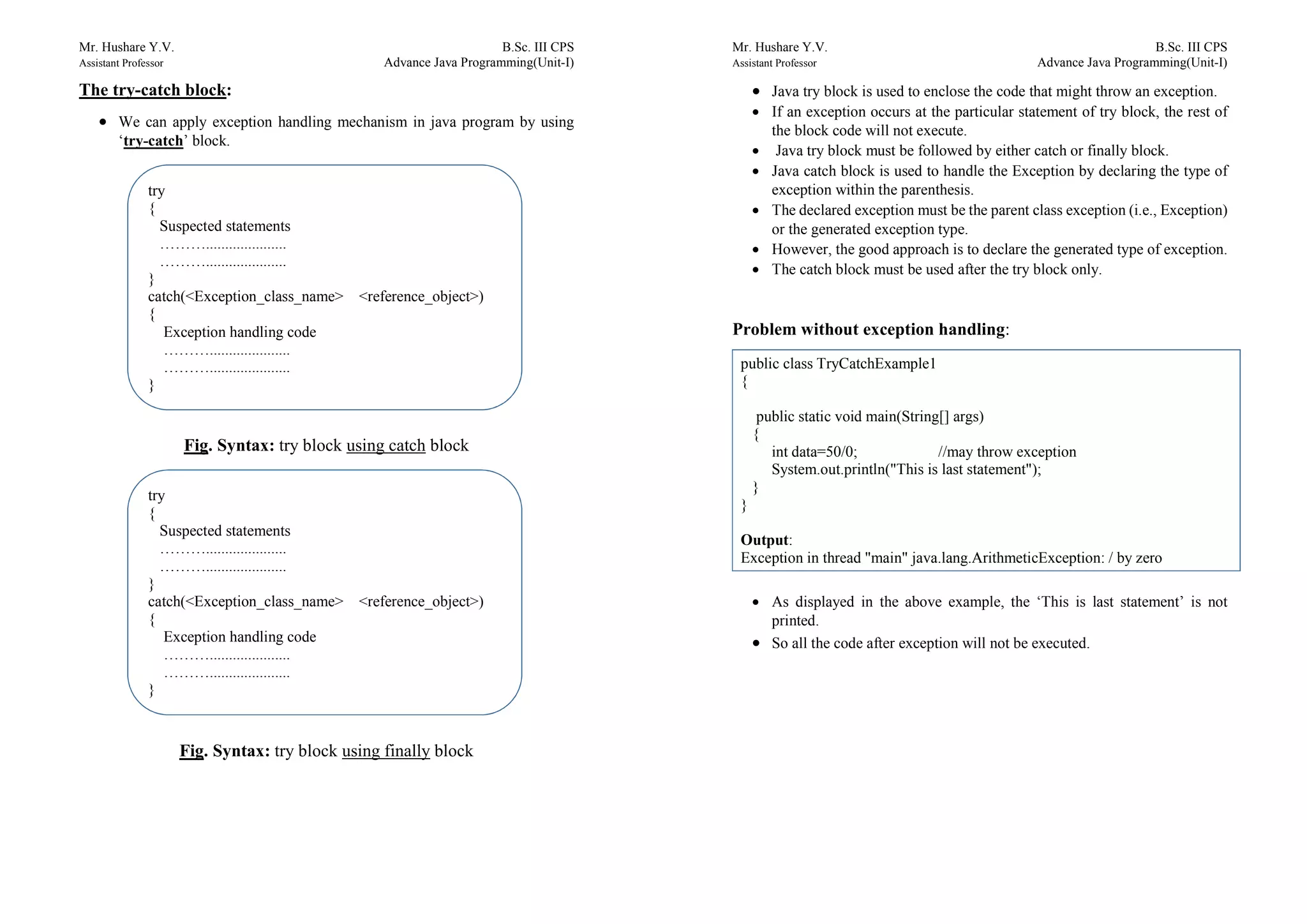 B.Sc. III(VI Sem) Advance Java Unit1: Exception Handling ...