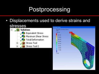 Postprocessing
• Displacements used to derive strains and
stresses
 