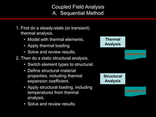 • The Sequential method involves two
analyses:
1. First do a steady-state (or transient)
thermal analysis.
• Model with thermal elements.
• Apply thermal loading.
• Solve and review results.
2. Then do a static structural analysis.
• Switch element types to structural.
• Define structural material
properties, including thermal
expansion coefficient.
• Apply structural loading, including
temperatures from thermal
analysis.
• Solve and review results.
Thermal
Analysis
Structural
Analysis
jobname.rth
jobname.rst
Temperatures
Coupled Field Analysis
A. Sequential Method
 